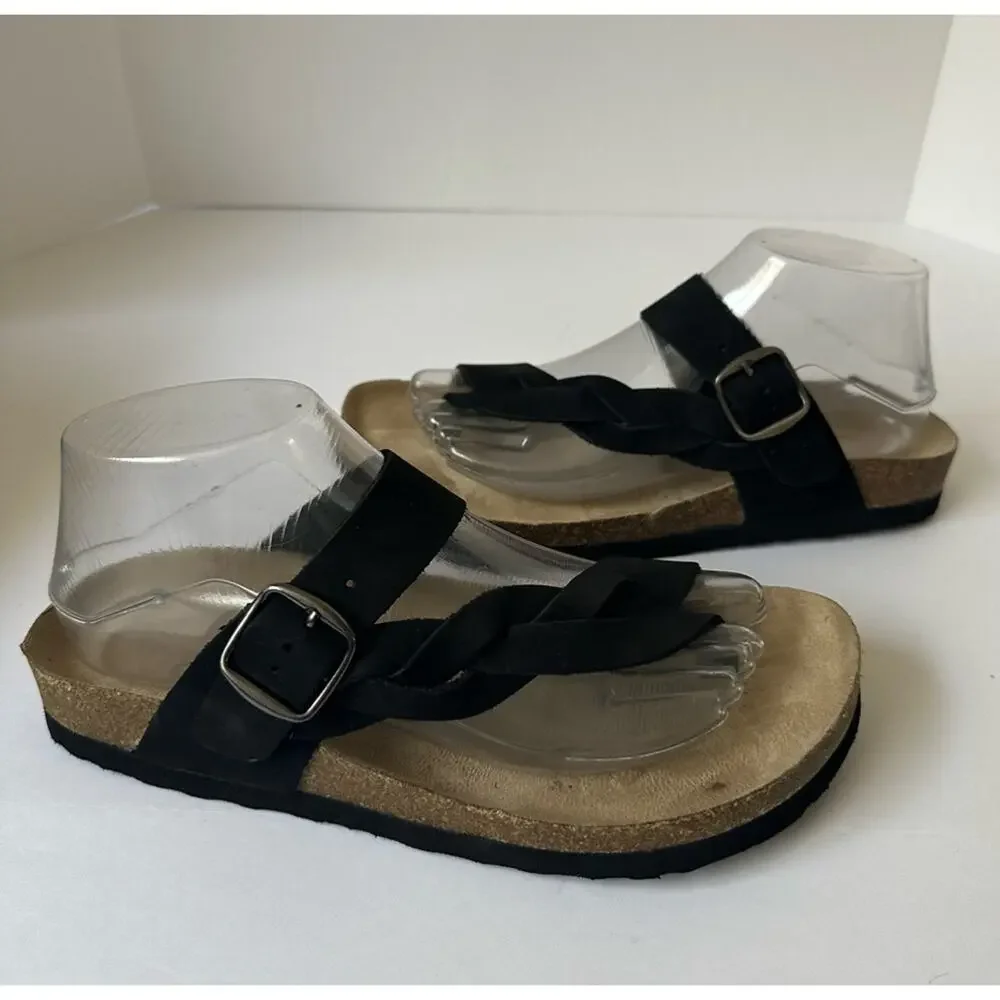Mountain Sole Black Leather Braided Strap Sandals US 8 Cork Footbed Buckle
